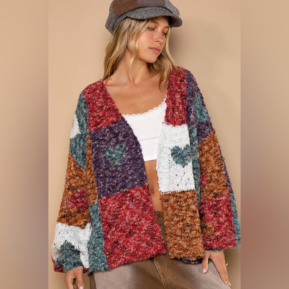 POL Multicolor Patchwork Fuzzy Cardigan - Red, Purple, Teal, Rust, White
